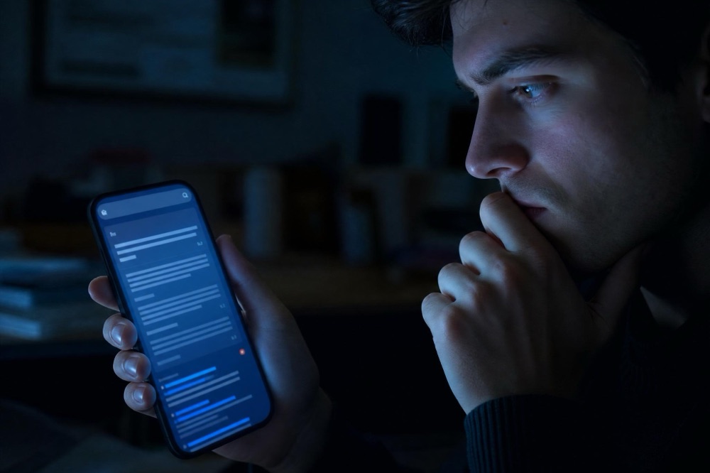 Person reading search results on a phone at night — how AI answer engines surface and cite blog content