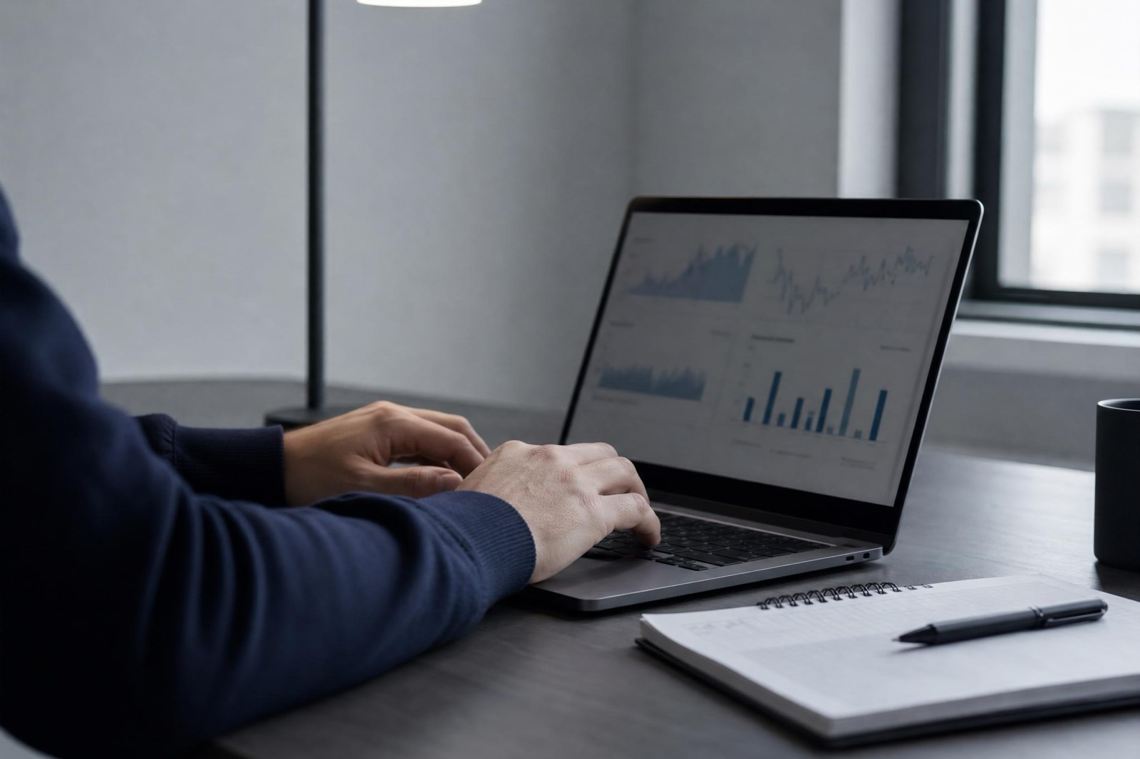 Professional typing on a laptop showing analytics charts — distributing a B2B blog post on LinkedIn