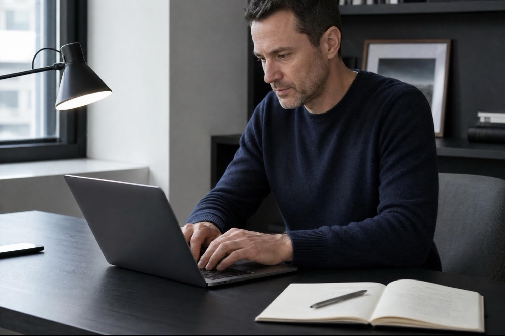 B2B blogger focused on a laptop at a dark desk — repurposing a professional blog post for LinkedIn