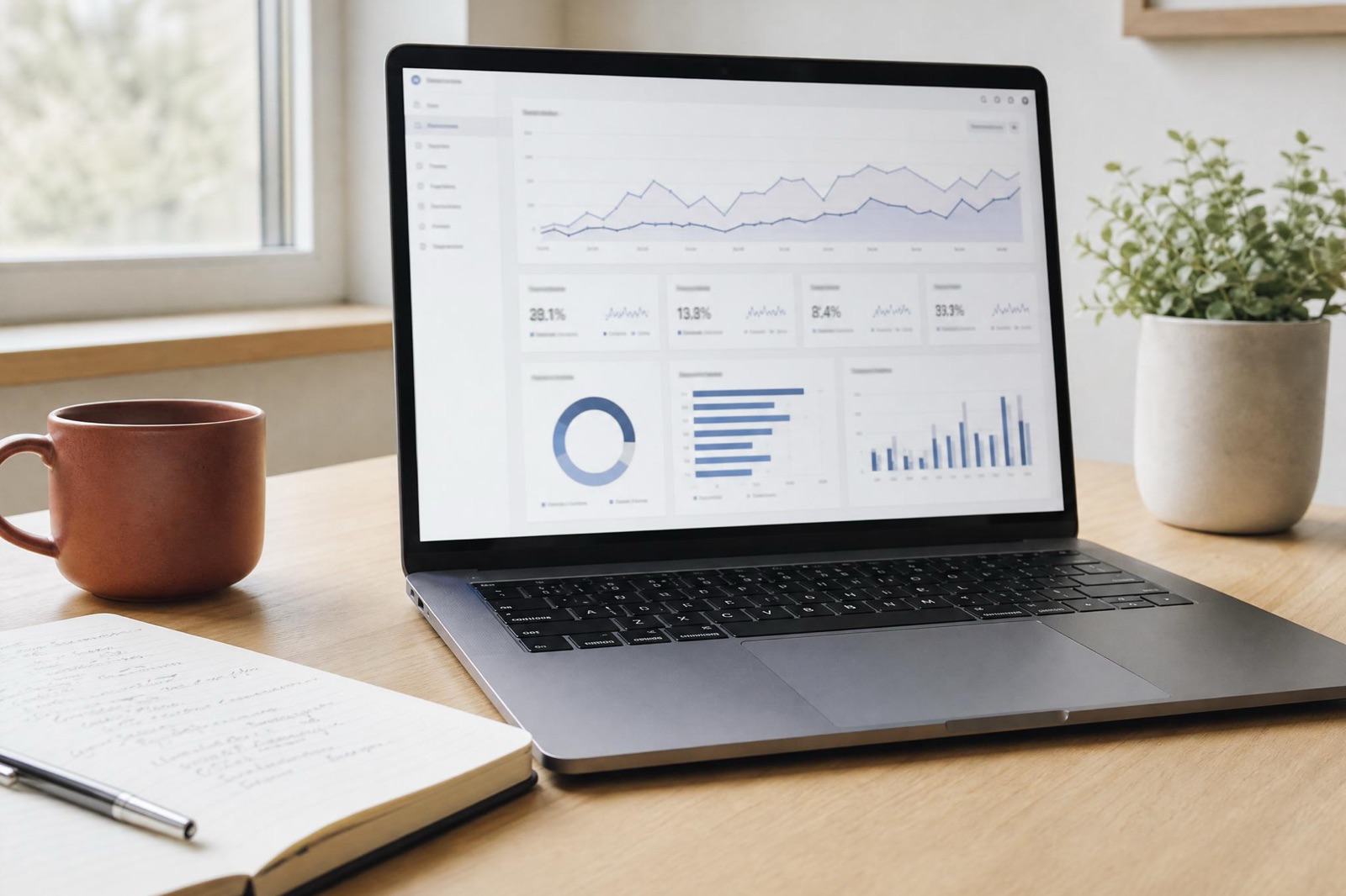 Laptop showing a blog analytics dashboard on a tidy desk — promoting a blog post in the post-publish window