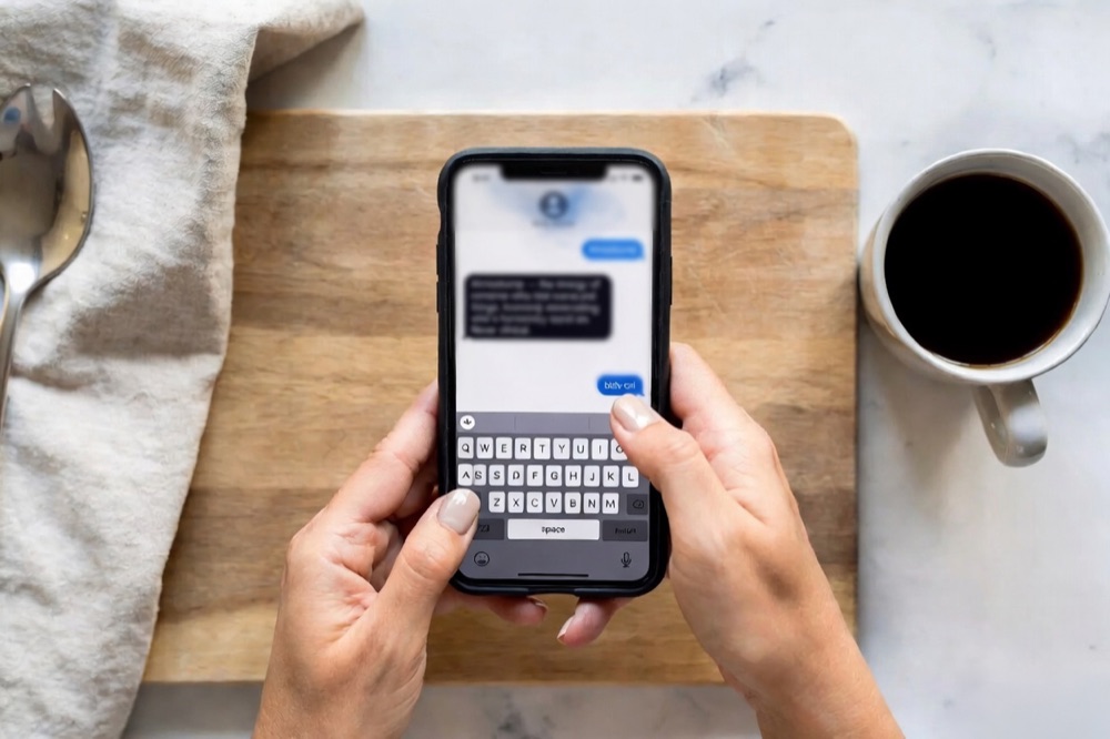 Overhead of hands using a phone beside a coffee on a wooden board — sharing a recipe post from the kitchen